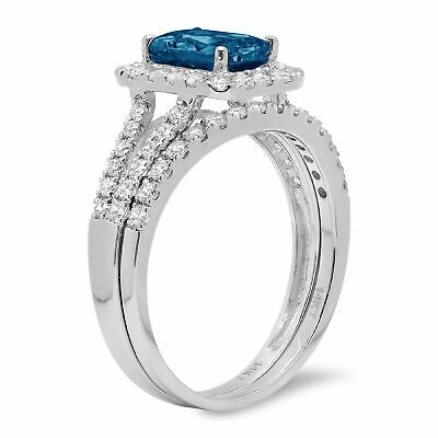 Pre-owned Pucci 1.6ct Emerald Halo Royal Blue Topaz Wedding Statement Bridal Set 14k White Gold In D