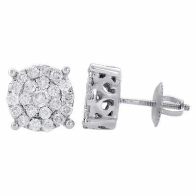 Pre-owned Jfl Diamonds & Timepieces 10k White Gold Genuine Diamond Flower Studs 9.15mm Cluster Circle Earrings 1 Ct.