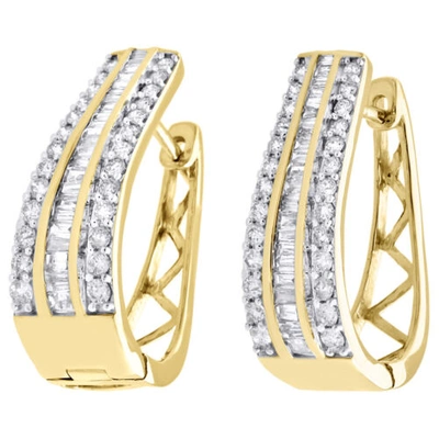Pre-owned Jfl Diamonds & Timepieces 10k Yellow Gold Baguette Diamond Huggie Ladies Oval Hoop Earrings 1.00" 1.50 Ct. In White