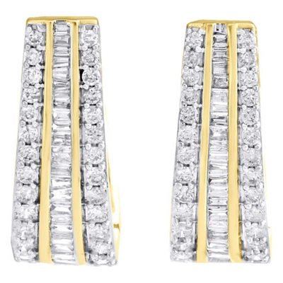 Pre-owned Jfl Diamonds & Timepieces 10k Yellow Gold Baguette Diamond Huggie Ladies Oval Hoop Earrings 1.00" 1.50 Ct. In White