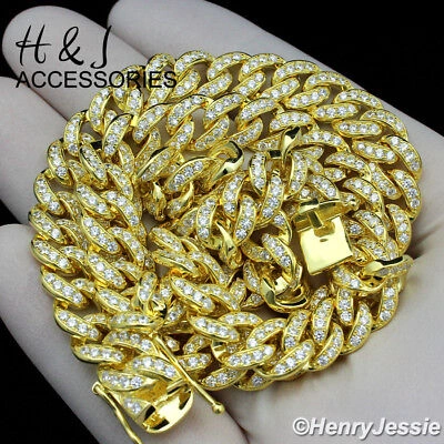 Pre-owned H&j Jewelry 30"men 925 Sterling Silver 8mm Gold Plated Icy Cz Miami Cuban Curb Necklacegn11 In White/colorless