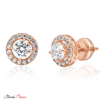 Pre-owned Pucci 1.6 Round Halo Classic Designer Stud Earrings 14k Rose Gold Synthetic Moissanite