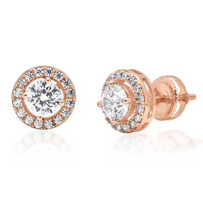 Pre-owned Pucci 1.6 Round Halo Classic Designer Stud Earrings 14k Rose Gold Synthetic Moissanite