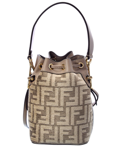 Shop Fendi Mon Tresor Mini Ff Tapestry & Leather Bucket Bag In Beige