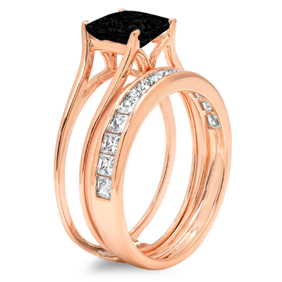 Pre-owned Pucci 3.4 Princess Real Onyx Wedding Stunning Ring Set Sliding 14k Rose Pink Gold