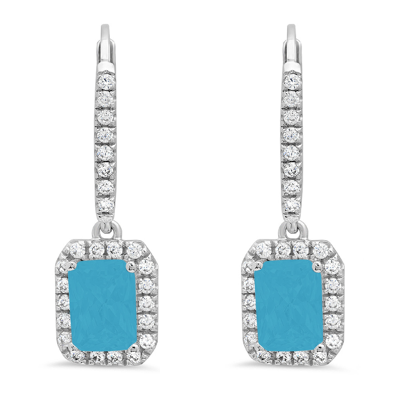 Pre-owned Pucci 3.57 Emerald Round Halo Drop Dangle Simulated Turquoise Earrings 14k White Gold
