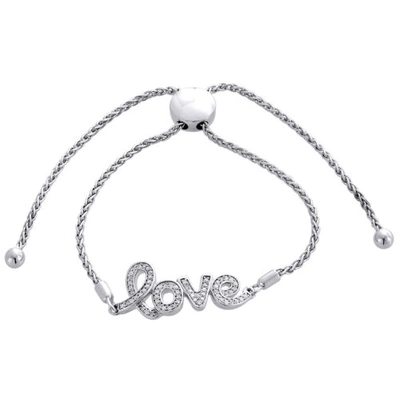 Pre-owned Jfl Diamonds & Timepieces Real Diamond Love Statement Bolo Bracelet Sterling Silver 11" Wheat Chain 1/4 Ct In White