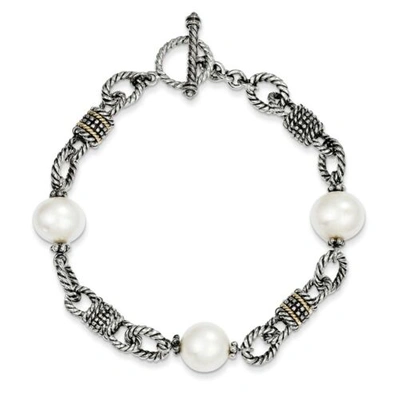 Pre-owned Pricerock Fw Pearl 7.5" Toggle Bracelet .925 Sterling Silver 14k Gold Accent Shey Couture In White