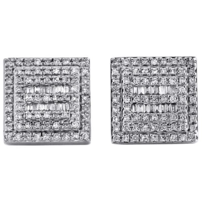 Pre-owned Jfl Diamonds & Timepieces 10k White Gold Round & Baguette Diamond Square Frame Earrings 11mm Stud 0.62 Ct.