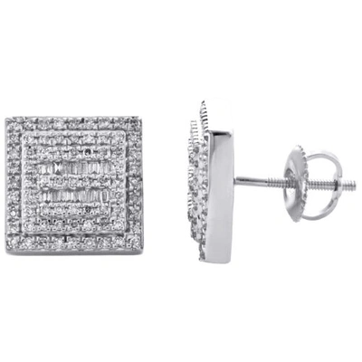 Pre-owned Jfl Diamonds & Timepieces 10k White Gold Round & Baguette Diamond Square Frame Earrings 11mm Stud 0.62 Ct.