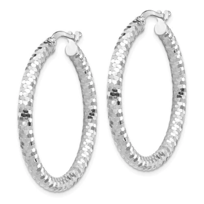Pre-owned Accessories & Jewelry Italian 14k White Gold 3mm X 25mm Diamond Cut Textured Small Hoop Earrings