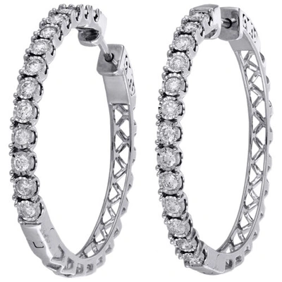 Pre-owned Jfl Diamonds & Timepieces 10k White Gold Real Diamond One Row Bezel Set 1.35" Hoops Huggie Earrings 1 Ct.