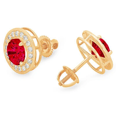 Pre-owned Pucci 3.60 Round Halo Classic Designer Stud Real Red Garnet Earrings 14k Yellow Gold