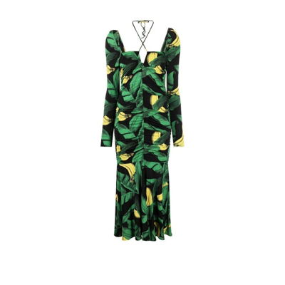 Shop Ganni Leaf-print Ruched Midi Dress - Women's - Viscose/spandex/elastane In Green
