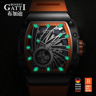 Pre-owned Bonest Gatti Men Automatic Watch Luxury Tonneau Mechanical Wristwatch Skeleton