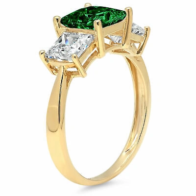 Pre-owned Pucci 3 Princess 3stone Simulated Emerald Classic Bridal Ring Solid 14k Yellow Gold In D