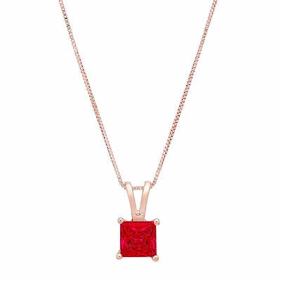 Pre-owned Pucci 2ct Princess Cut Simulated Ruby Pendant Necklace 16" Chain Solid 14k Pink Gold