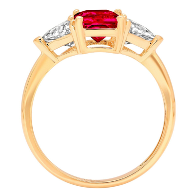 Pre-owned Pucci 3 Emerald Trillion 3 Stone Ruby Simulated Promise Wedding Ring 14k Yellow Gold In Red