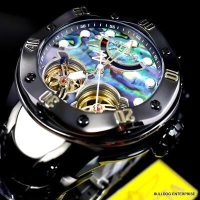 Pre-owned Invicta Reserve Kraken Abalone Double Open Heart Automatic Black Steel Watch