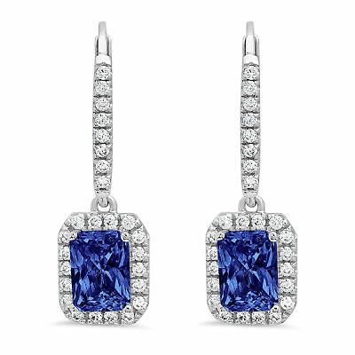 Pre-owned Pucci 3.5 Emerald Round Halo Drop Dangle Simulated Tanzanite Earrings 14k White Gold In Purple
