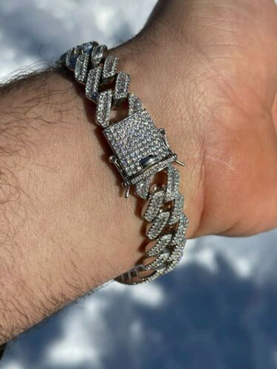 Pre-owned Harlembling Mens Solid 925 Sterling Silver Baguette Prong Miami Cuban Bracelet Iced Cz