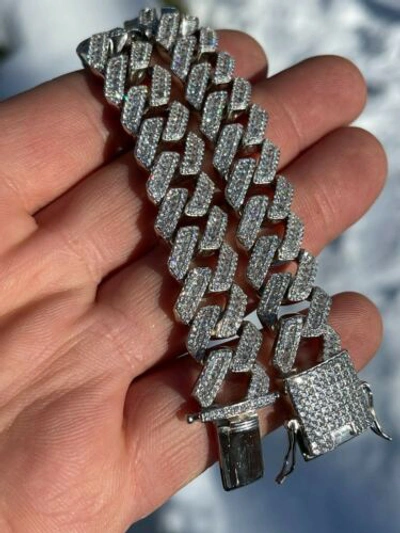 Pre-owned Harlembling Mens Solid 925 Sterling Silver Baguette Prong Miami Cuban Bracelet Iced Cz