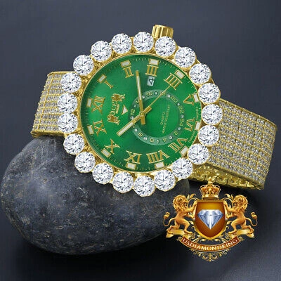Pre-owned Ice House Real Diamond Roman Dial Gold Tone Green Face 10 Row Custom Band Bezel Watch 55mm