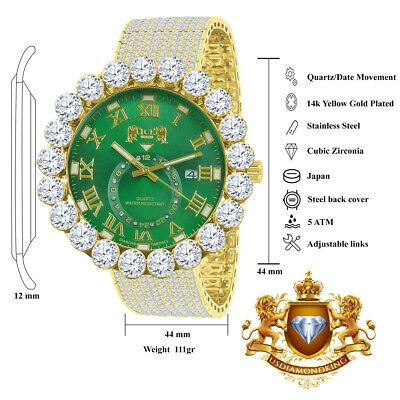 Pre-owned Ice House Real Diamond Roman Dial Gold Tone Green Face 10 Row Custom Band Bezel Watch 55mm