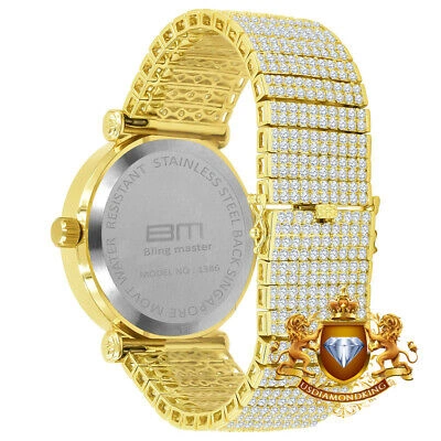 Pre-owned Ice House Real Diamond Roman Dial Gold Tone Green Face 10 Row Custom Band Bezel Watch 55mm
