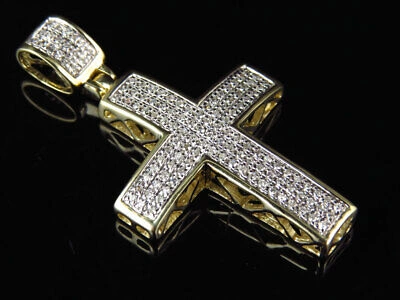 Pre-owned Jewelry Unlimited Pave Genuine Mini Diamond Cross Pendant Charm In Yellow Gold 1.5" .40ct
