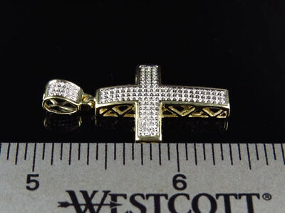 Pre-owned Jewelry Unlimited Pave Genuine Mini Diamond Cross Pendant Charm In Yellow Gold 1.5" .40ct