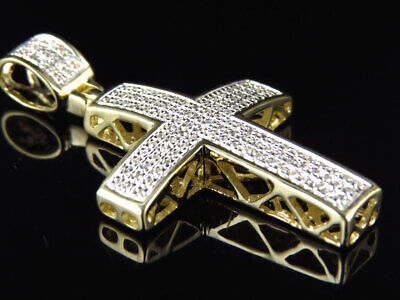 Pre-owned Jewelry Unlimited Pave Genuine Mini Diamond Cross Pendant Charm In Yellow Gold 1.5" .40ct