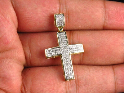 Pre-owned Jewelry Unlimited Pave Genuine Mini Diamond Cross Pendant Charm In Yellow Gold 1.5" .40ct