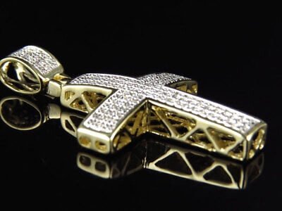 Pre-owned Jewelry Unlimited Pave Genuine Mini Diamond Cross Pendant Charm In Yellow Gold 1.5" .40ct