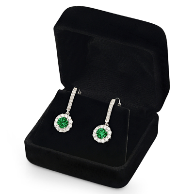 Pre-owned Pucci 3.55 Round Halo Classic Drop Dangle Simulated Emerald Earrings 14k White Gold In Green