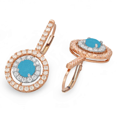 Pre-owned Pucci 2.40 Round Halo Classic Drop Dangle Simulated Turquoise Earrings 14k 2 Tone Gold