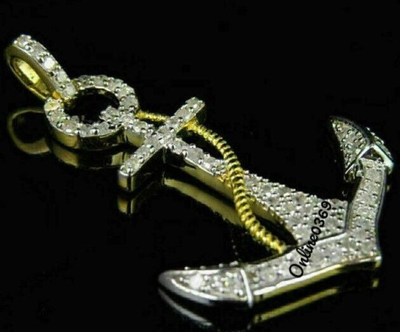 Pre-owned Online0369 1ct Men's Small Anchor Charm Pendant 10k Real Yellow Gold Natural White Diamond