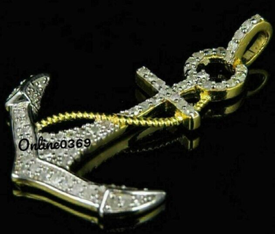 Pre-owned Online0369 1ct Men's Small Anchor Charm Pendant 10k Real Yellow Gold Natural White Diamond