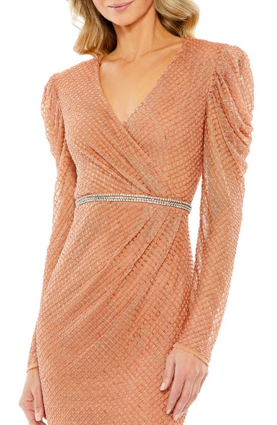 Shop Mac Duggal Beaded Long Sleeve Sheath Dress In Copper