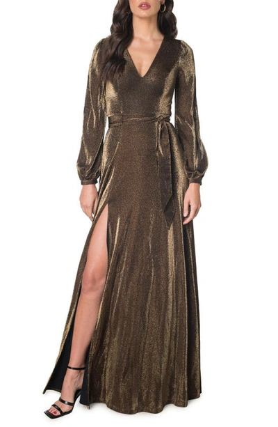Shop Dress The Population Eris Metallic Long Sleeve Slit Gown In Gold Multi