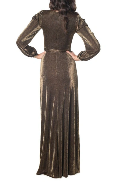 Shop Dress The Population Eris Metallic Long Sleeve Slit Gown In Gold Multi
