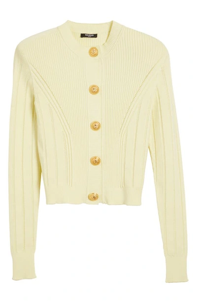 Shop Balmain Crop Rib Cardigan In Light Yellow