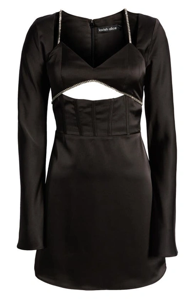 Shop Lavish Alice Rhinestone Trim Cutout Long Sleeve Satin Cocktail Dress In Black