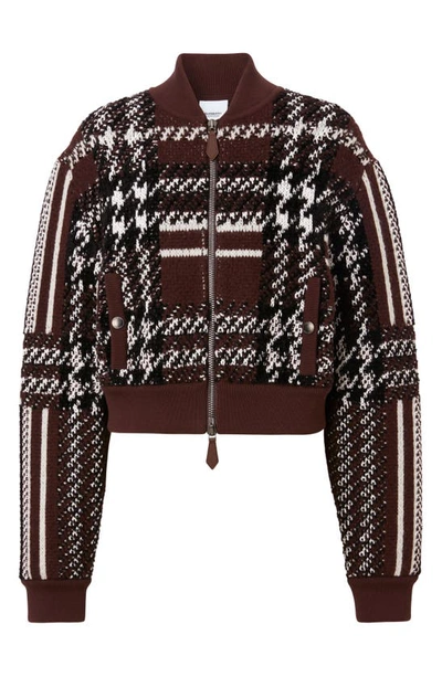 Shop Burberry Jacquard Houndstooth Knit Bomber Jacket In Dark Truffle Brown