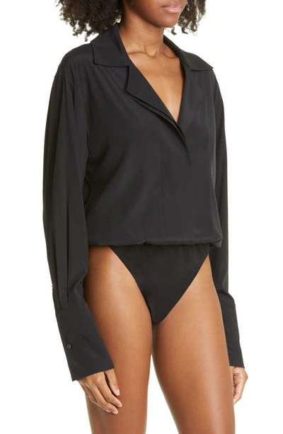 Shop A.l.c Diana Long Sleeve Silk Blend Bodysuit In Black