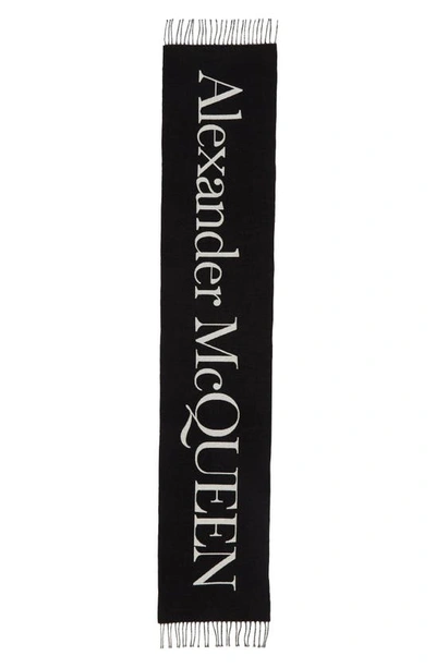 Shop Alexander Mcqueen Reversible Skull & Logo Wool Scarf In Black/ Ivory