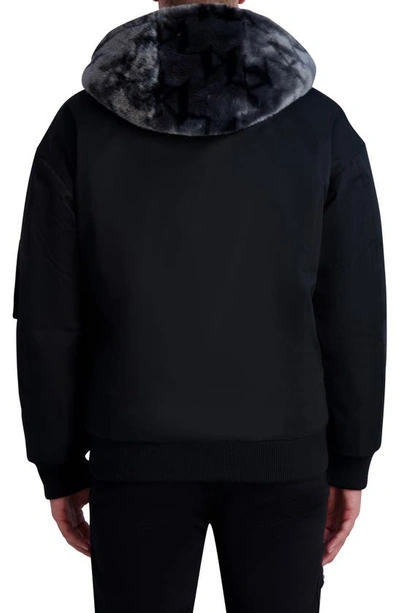 Shop Karl Lagerfeld Reversible Faux Fur Hooded Bomber Jacket In Black/ Grey