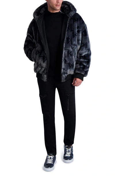 Shop Karl Lagerfeld Reversible Faux Fur Hooded Bomber Jacket In Black/ Grey