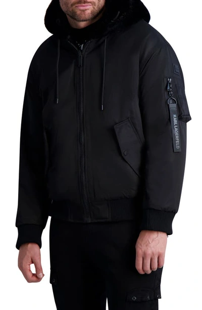 Shop Karl Lagerfeld Reversible Faux Fur Hooded Bomber Jacket In Black/ Black