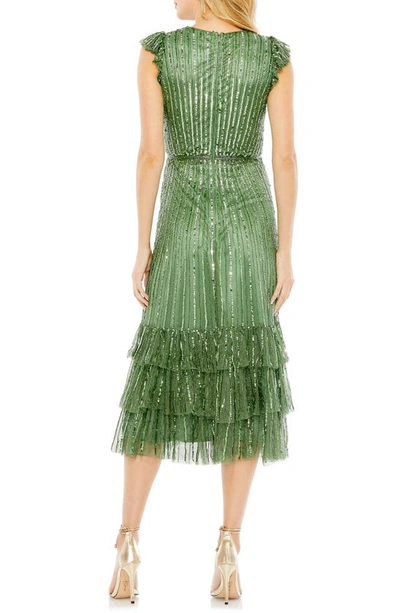 Mac Duggal Sequined Wrap Over Cap Sleeve Ruffle Hem Dress In Sage